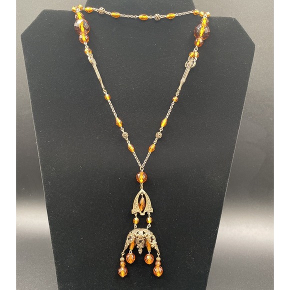 Czech Jewelry - Antique c1920's Art Deco Czech Amber Glass Brass Filigree Flapper Necklace 40"